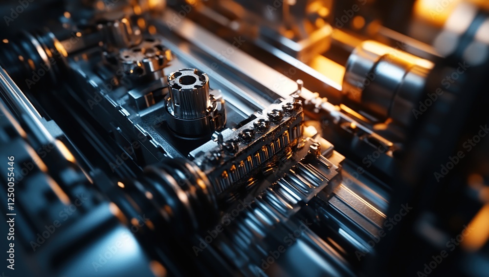 Poster precise machine gears rotate smoothly, creating industrial metal parts with intricate detail, demons