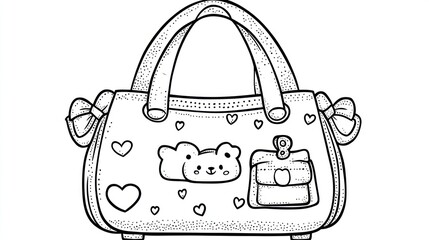 Cute girls handbag, hearts design, coloring page,  white background