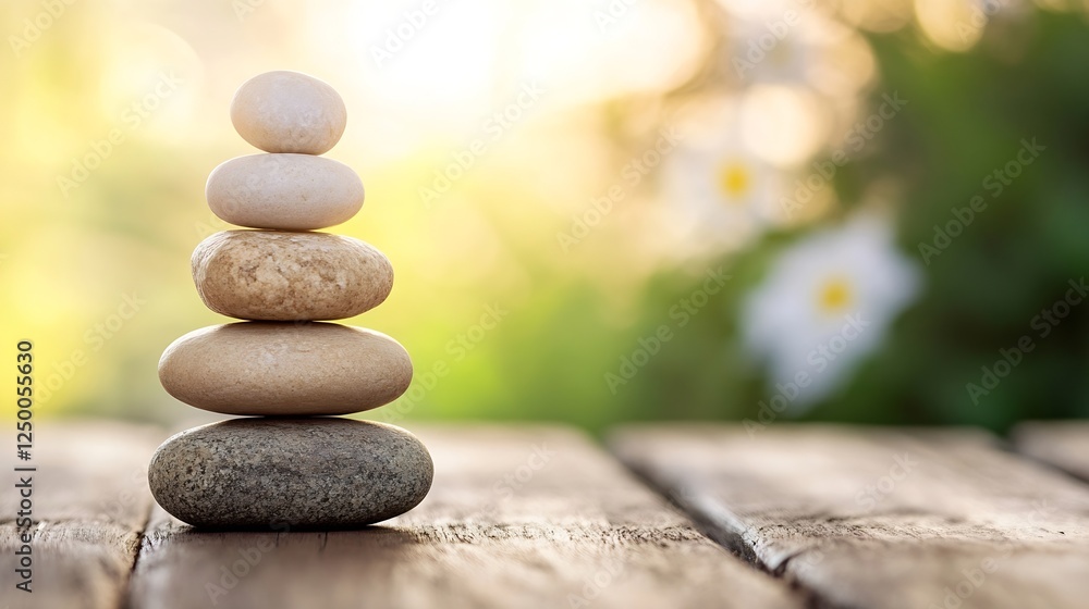 Poster balanced stones stack on wooden table with soft natural highlight background : generative ai
