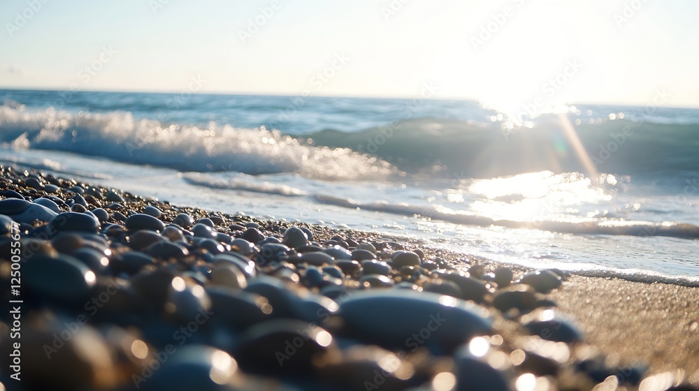 Poster pebbles on a beach at sunset with waves gently rolling in : generative ai