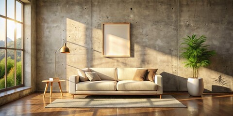 Sunlit concrete room, minimalist mockup. Empty frame offers ample copy space.