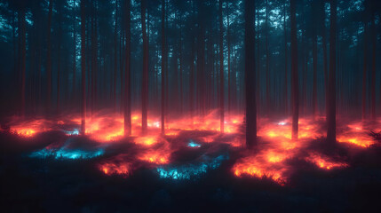 Glowing Forest At Night With Red And Blue Lights