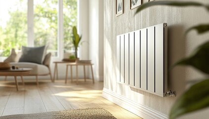 Fototapeta premium Modern Flat Panel Radiator Installs Effortlessly in Cozy Home, Enhancing Comfort and Style.