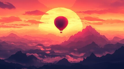 Fototapeta premium Hot air balloon soars above misty mountains at sunset, vibrant colors. Perfect for travel, adventure, freedom, and inspirational designs.
