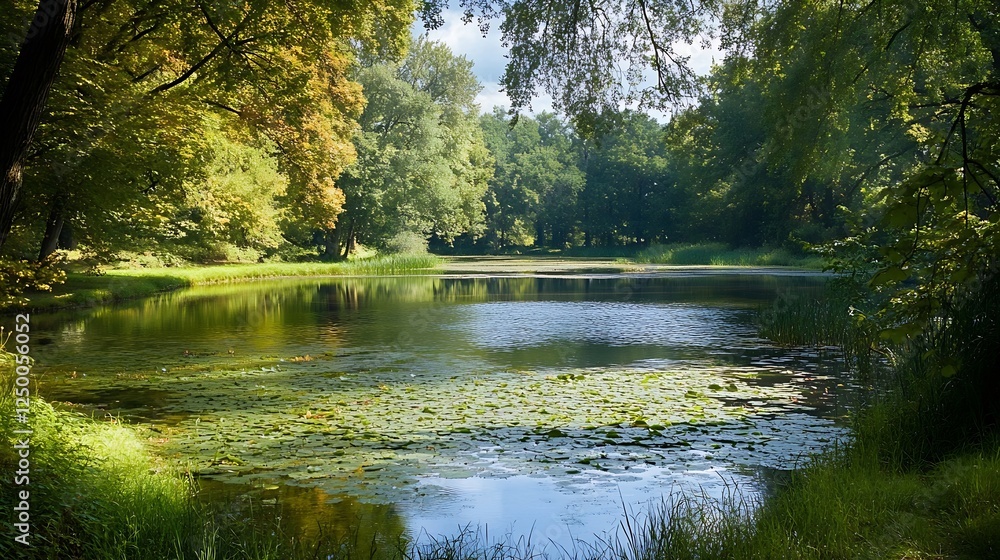 Poster Serene Lake Surrounded by Velvety Greenery and Reflective Water in a Peaceful Setting : Generative AI