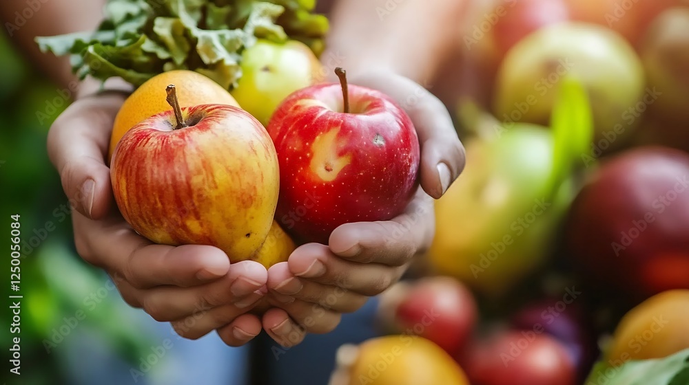 Aufkleber fresh and vibrant mixed fruits held in hands with nature background : generative ai