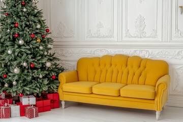 Yellow sofa with Christmas tree and gifts near window, offering a cozy holiday atmosphere with copy space for text.