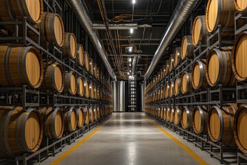 Rows of Oak Barrels in a Modern Distillery Warehouse