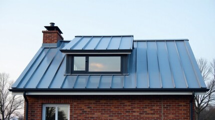 Contemporary home showcasing a sleek, blue metal roof with a dormer window and brick facade.