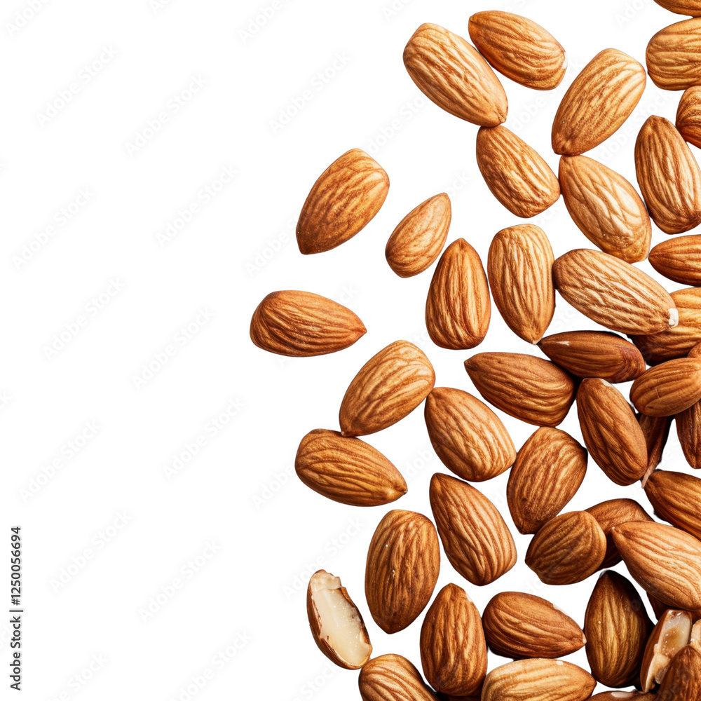 Poster almonds scattered on transparency background, showcasing their natural texture and color. these nutr