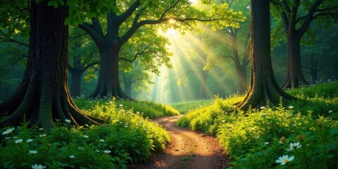 Naklejka premium Sunlit Path Through a Mystical Forest of Ancient Trees, Illuminated by Golden Rays of Dawn, Leading to Serene Tranquility