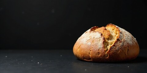 A freshly baked artisan loaf of bread sits on a dark surface, its golden-brown crust speckled with flour, promising a delicious, wholesome taste.
