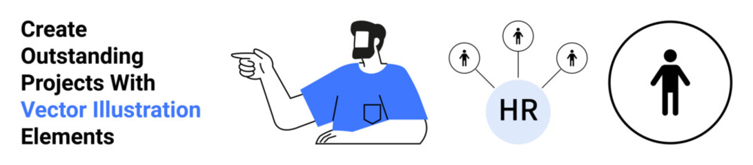 Casual man pointing finger, HR network with upward arrows, simplified person icon in circle. Ideal for HR, teamwork, recruitment, business strategy, communication, leadership flat landing page