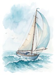 Fototapeta premium Watercolor Sailing Yacht on Ocean Waves Nautical Seascape Painting