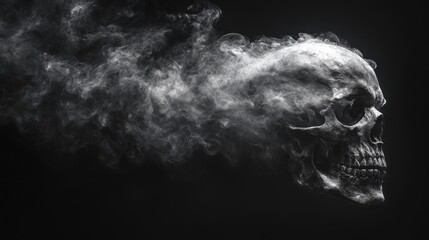 A smoky skull emerging from dark shadows, creating a haunting atmosphere with ethereal wisps