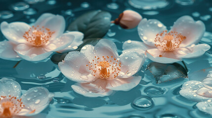 Beautiful white jasmine flowers with green leaves on serene water, creating tranquil atmosphere
