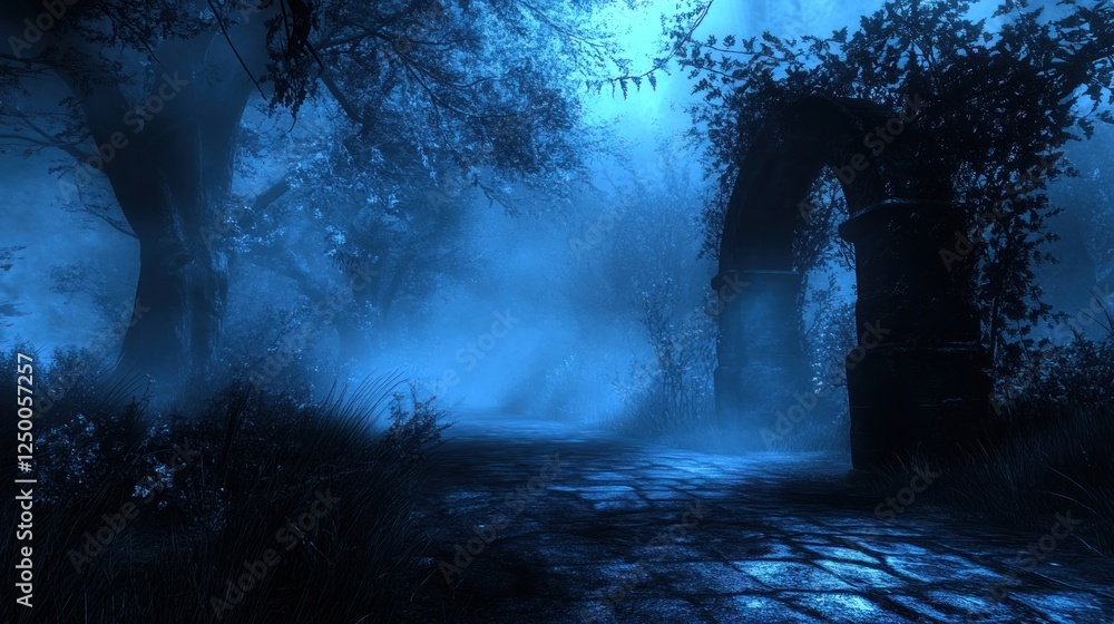 Poster mystical foggy forest pathway with ancient stone archway surrounded by trees