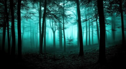 Misty teal forest silhouettes