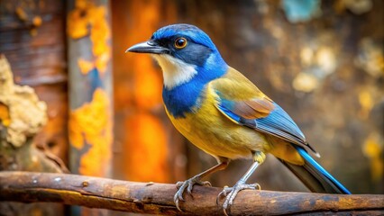 Naklejka premium Urban exploration reveals a Blue-crowned Laughingthrush in an abandoned building; wildlife photography captures its beauty.