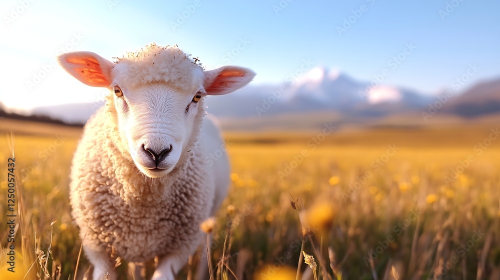 Poster adorable sheep grazing in a meadow with mountains and blue sky : generative ai
