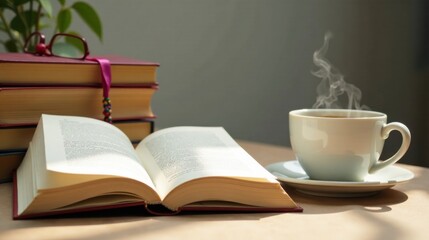 A Serene Moment Open Book, Stack of Books, and a Steaming Cup of Coffee on a Table in Soft Sunlight