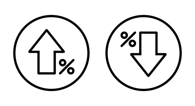 Growth and decline percent arrow outline icon on circle line. Percentage up and down sign symbol