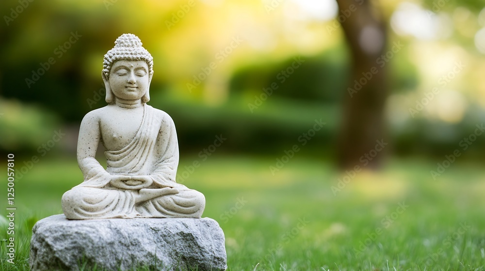 Poster elegant buddha sculpture in serene garden setting with soft focus background : generative ai