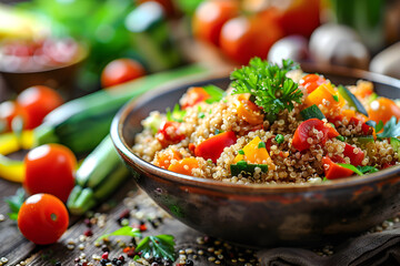 A Nutritious and Colorful Quinoa Bowl with Fresh Vegetables on Rustic Wooden Table