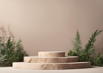 Elegant Wooden Podium Display with Lush Greenery Nature Inspired Product Presentation