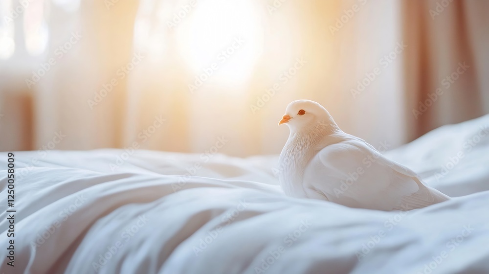 Aufkleber Charming White Dove Resting on Soft Bed with Gentle Sunlight Streaming Through the Window : Generative AI