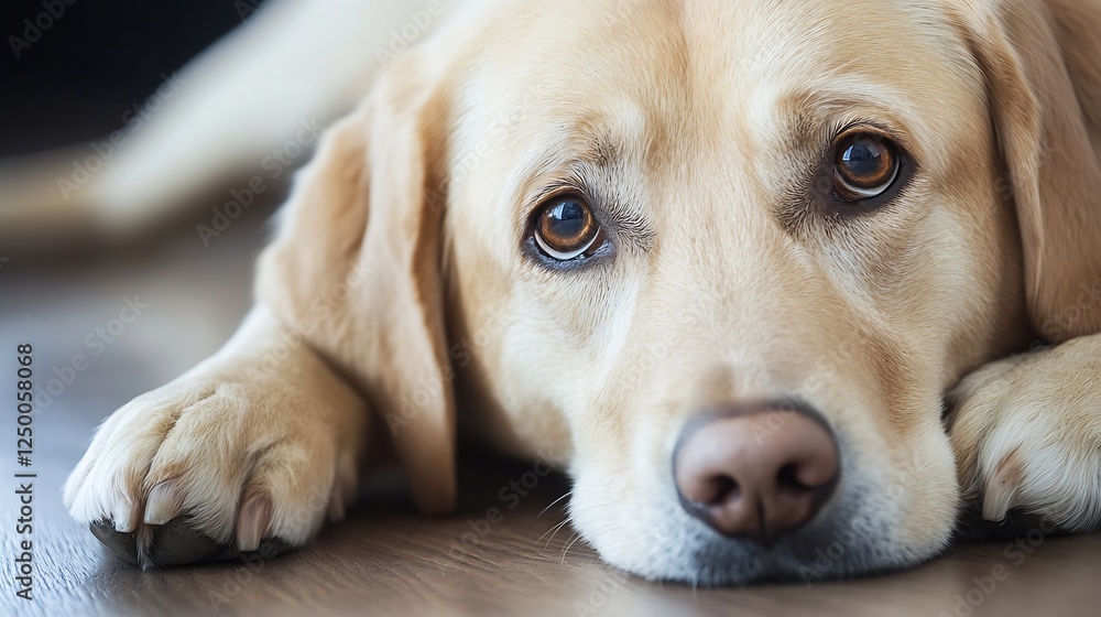 Poster closeup of an adorable labrador dog lying down looking thoughtfully at the camera : generative ai