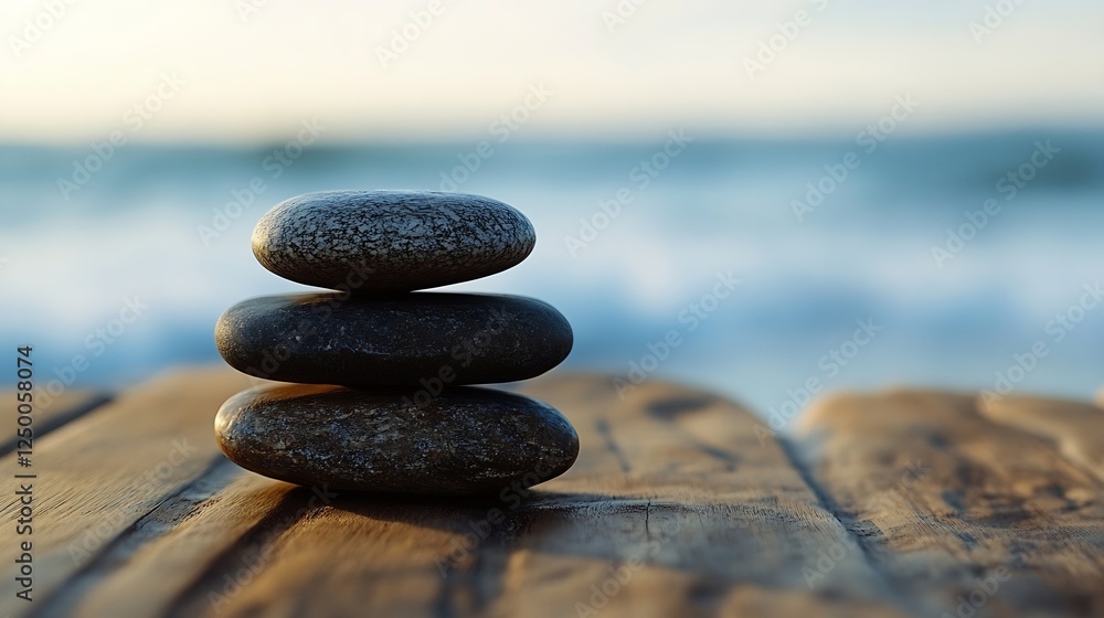 Poster stacked smooth black stones on a wooden surface with blurred ocean waves in the background for relax