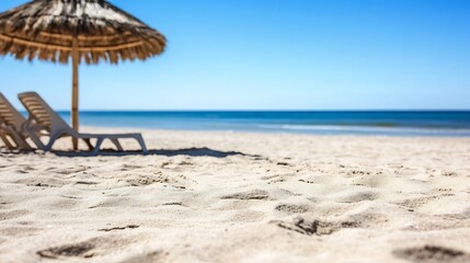 Fototapeta premium Beautiful Beachfront Scene Featuring Sandy Shore and Palm Umbrella : Generative AI