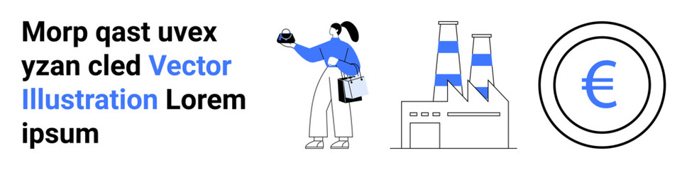 Woman carrying an object near industrial factory symbols and Euro sign emphasizing industry, trade, finance, or economy dynamics. Ideal for industry, finance, production, trade, economy