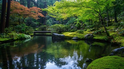 Serene Japanese Garden with Vibrant Foliage and Calm Reflection on Water : Generative AI