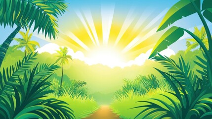 Fototapeta na wymiar Vibrant and Simplistic Depiction of a Lush Forest Clearing with Sunlight Breaking Through the Tree Canopy
