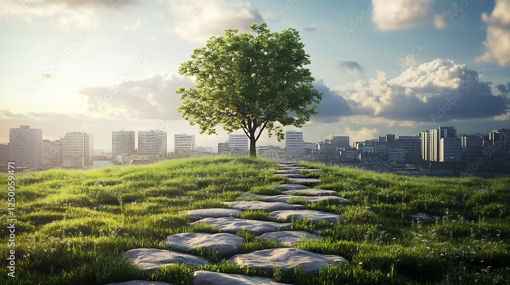 Poster lone tree on a hill with urban skyline in the background under a beautiful sky : generative ai