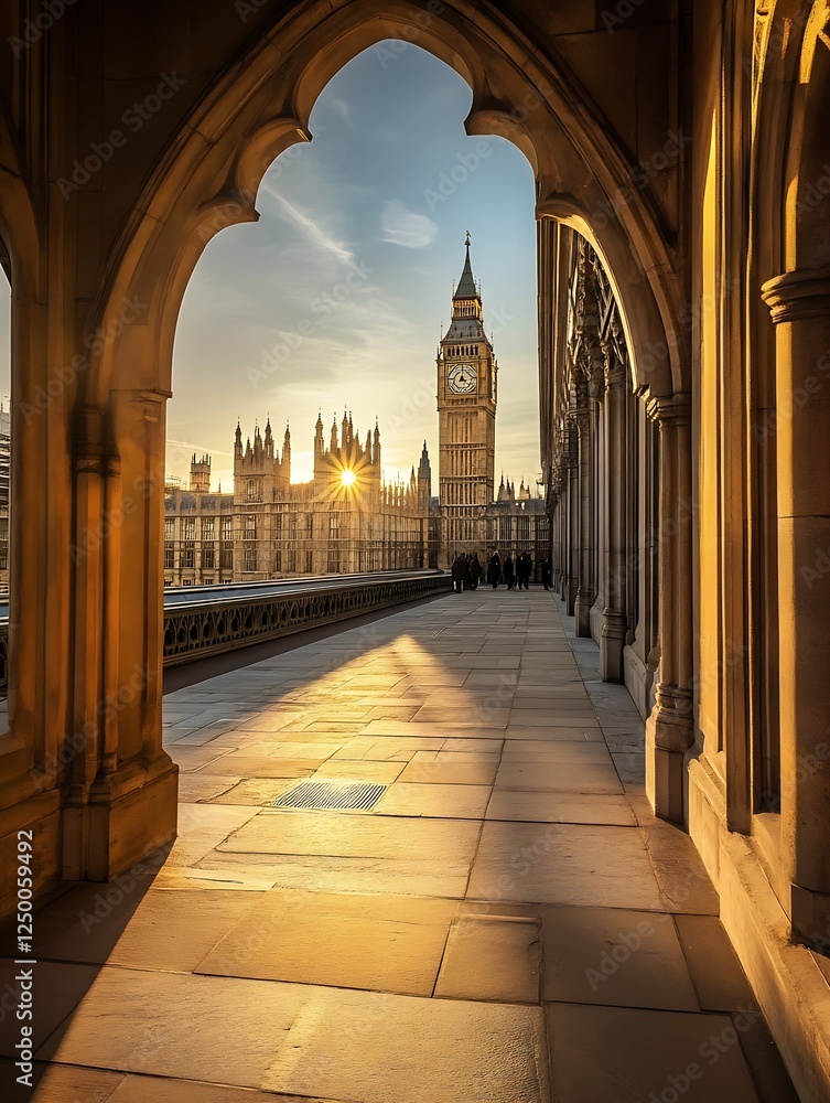 Poster golden hour view through an archway framing big ben and westminster with a glowing sunset : generati