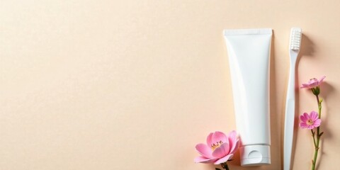 A pristine white tube of toothpaste and a toothbrush, accompanied by delicate pink blossoms, rest on a smooth, light peach-colored background, creating a serene and minimalist aesthetic.