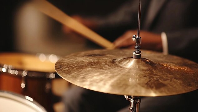Drummer Plays Hi-Hat Cymbal with Sticks During Performance, Creating Rhythmic Music - Powered by Adobe