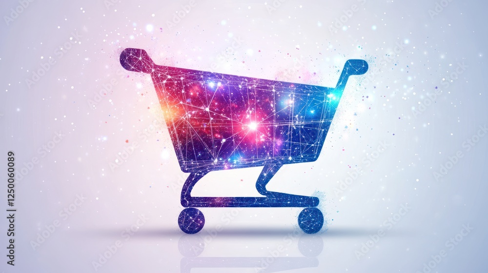 Poster abstract shopping cart icon with glowing particles.