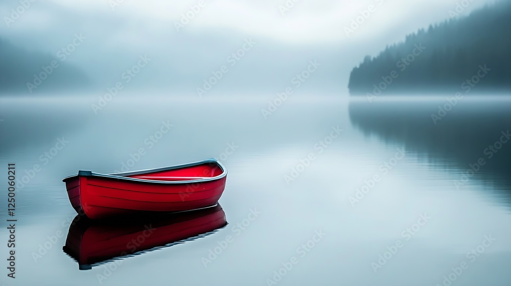Poster serene red boat floating on still water with misty forest background in morning light : generative a
