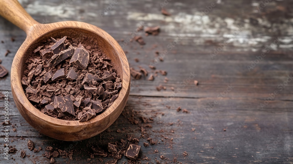 Aufkleber rich dark chocolate chunks crumbled in wooden bowl against rustic background for gourmet and baking 