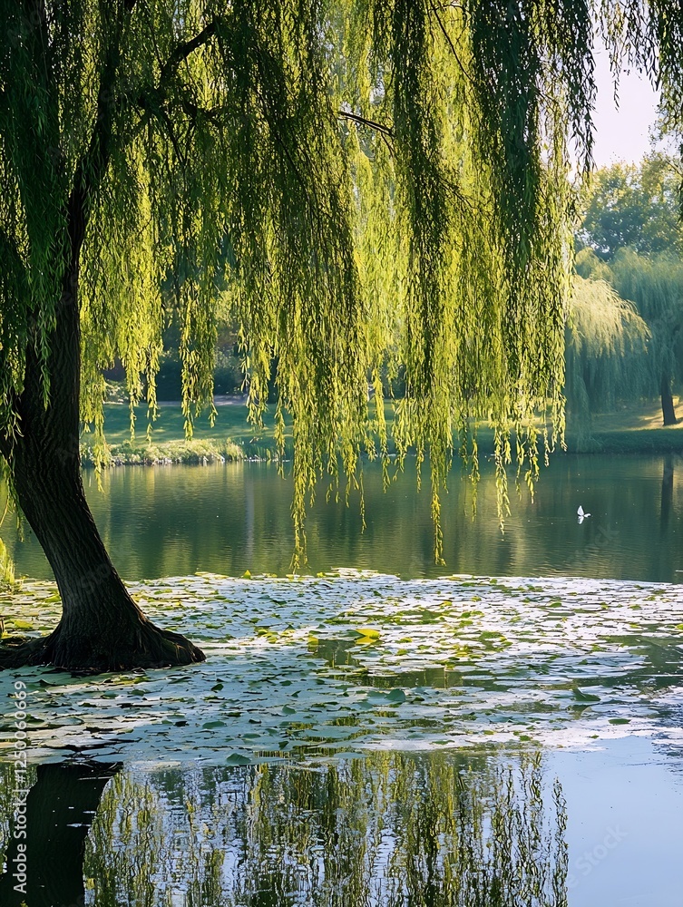 Poster Lush Green Willow Tree Over Water with Reflections and Lily Pads in a Serene Park Setting : Generative AI
