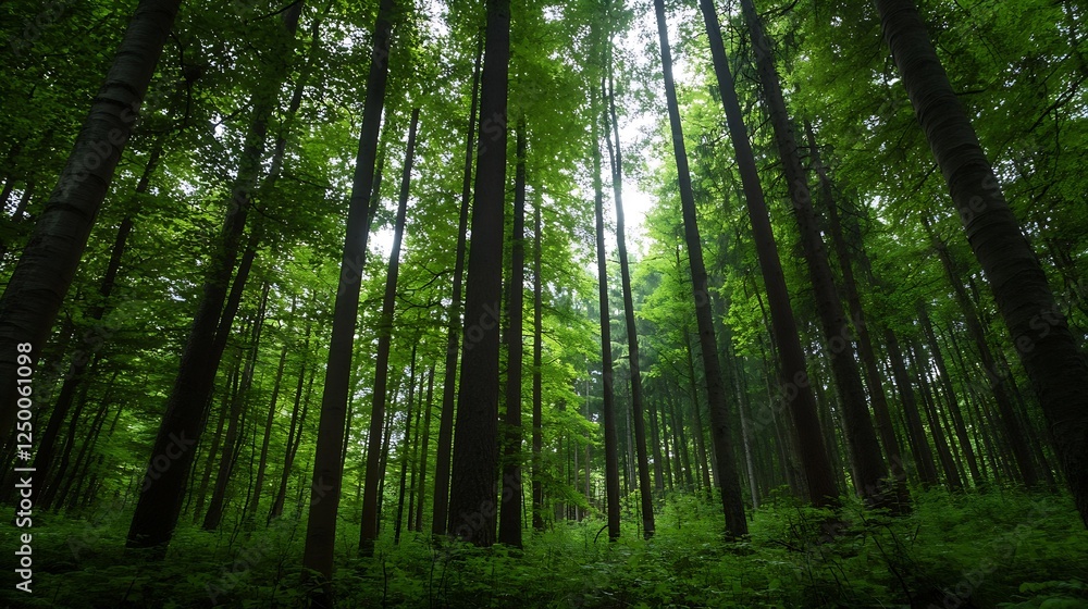 Aufkleber majestic and lush green forest with tall trees and overhead sunlight creating a peaceful natural set