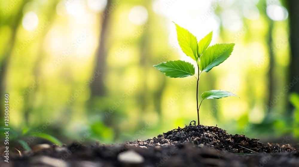 Poster sprouting green plant emerging from rich soil in a sunlit forest setting : generative ai