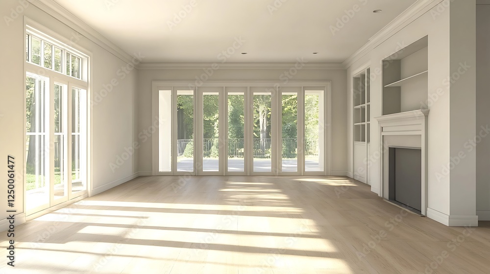 Aufkleber spacious and bright empty room with large windows and wooden floor ready for decoration : generative