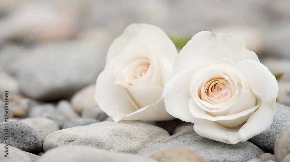 Poster Delicate White Roses Resting on Smooth Pebbles Creating a Tranquil and Romantic Atmosphere : Generative AI