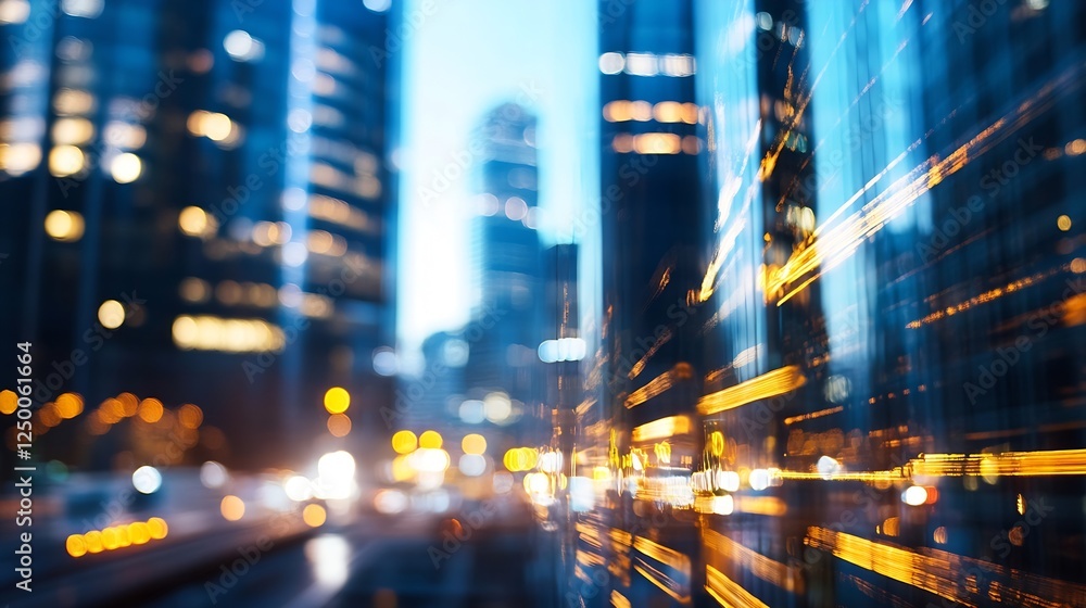 Poster dynamic cityscape at dusk with blurred lights creating a vibrant urban atmosphere : generative ai