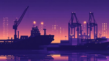 Obraz premium Colorful Nighttime Cityscape with Shipping Cranes and Container Ships at Harbor